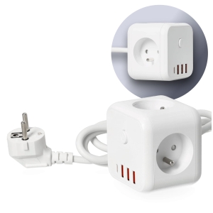 Przedłużacz biały z przewodem 1,5m, 3-gniazda z uziemieniem i wyłącznikiem + 4xUSB