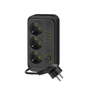 Przedłużacz czarny 3 gniazda z uziemieniem i wyłącznikiem, przewód 5m, 5xUSB